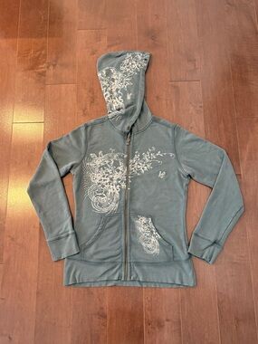 Lucy Floral Vintage Graphic Zip-Up Hoodie in Slate Blue